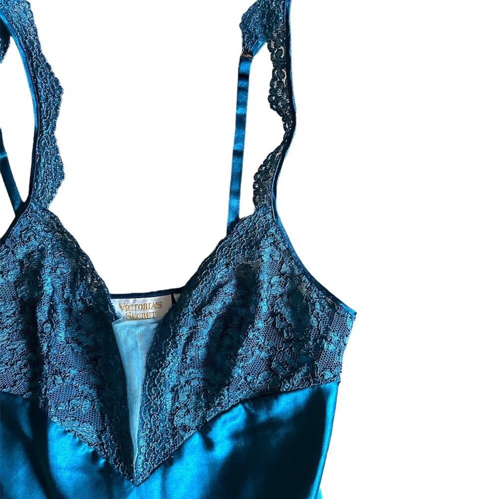 Vintage 90s Gold Label Victoria’s Secret Satin Long Nightgown Slip Dress Teal - Picture 7 of 7